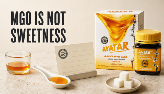 The Founders’ Reserve Manuka honey product beside a honey spoon, sugar cubes, and a separate assay-style card, with headline text reading MGO is not sweetness.