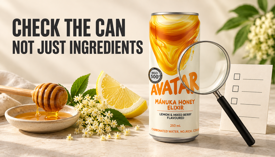 Avatar Elixir can with honey, lemon, elderflower, and a magnifying glass, emphasizing checking the finished drink label rather than relying only on ingredients.