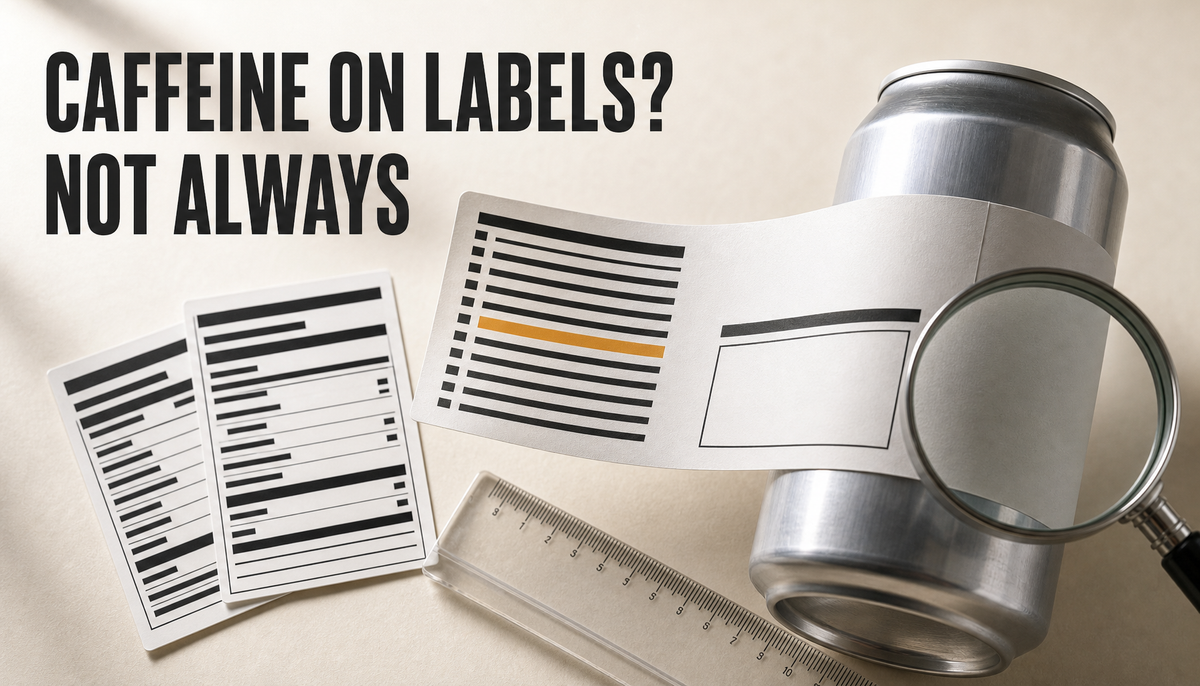 Editorial hero showing a generic energy drink can with a peeled-open blank label, a highlighted ingredient line, and an empty quantity area under the headline “CAFFEINE ON LABELS?...