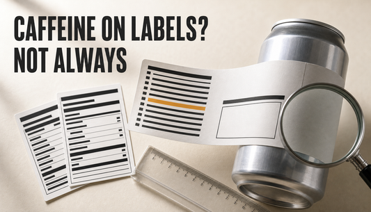 Editorial hero showing a generic energy drink can with a peeled-open blank label, a highlighted ingredient line, and an empty quantity area under the headline “CAFFEINE ON LABELS?...