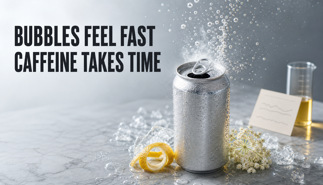 Editorial hero image of an opened chilled sparkling can with bubbles, citrus, elderflower, condensation, and a quiet research cue, illustrating that carbonation can feel immediate...