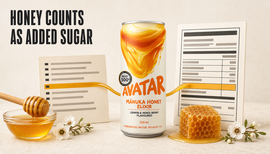 Avatar Elixir staged with abstract ingredient and Nutrition Facts label cards, a honey stream connecting the source card to a highlighted sugar row, and the headline Honey Counts...