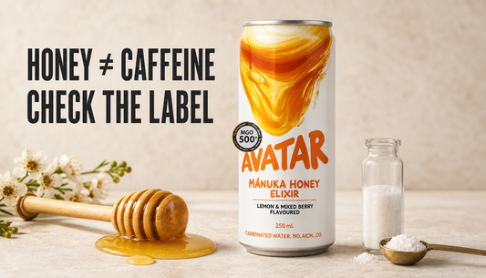 Avatar Elixir can beside Manuka honey and a separate caffeine ingredient vial with headline reading Honey does not equal caffeine, check the label.