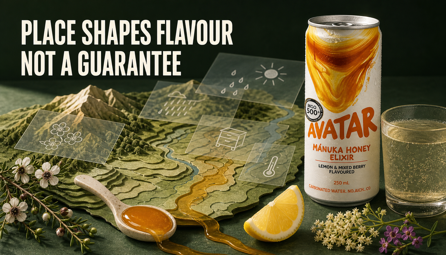 Avatar Elixir can beside Manuka honey, lemon, elderflower, and layered landscape-map elements showing how place and other conditions can shape honey flavour without guaranteeing t...