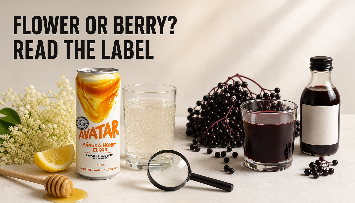 Shopify blog hero comparing elderflower and elderberry drinks with an Avatar Elixir can beside pale elderflower ingredients and dark elderberry juice props.
