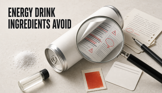 Editorial hero image of a generic energy drink can with a peeled label under a magnifying glass, showing ingredient scrutiny and a clean-label comparison card.