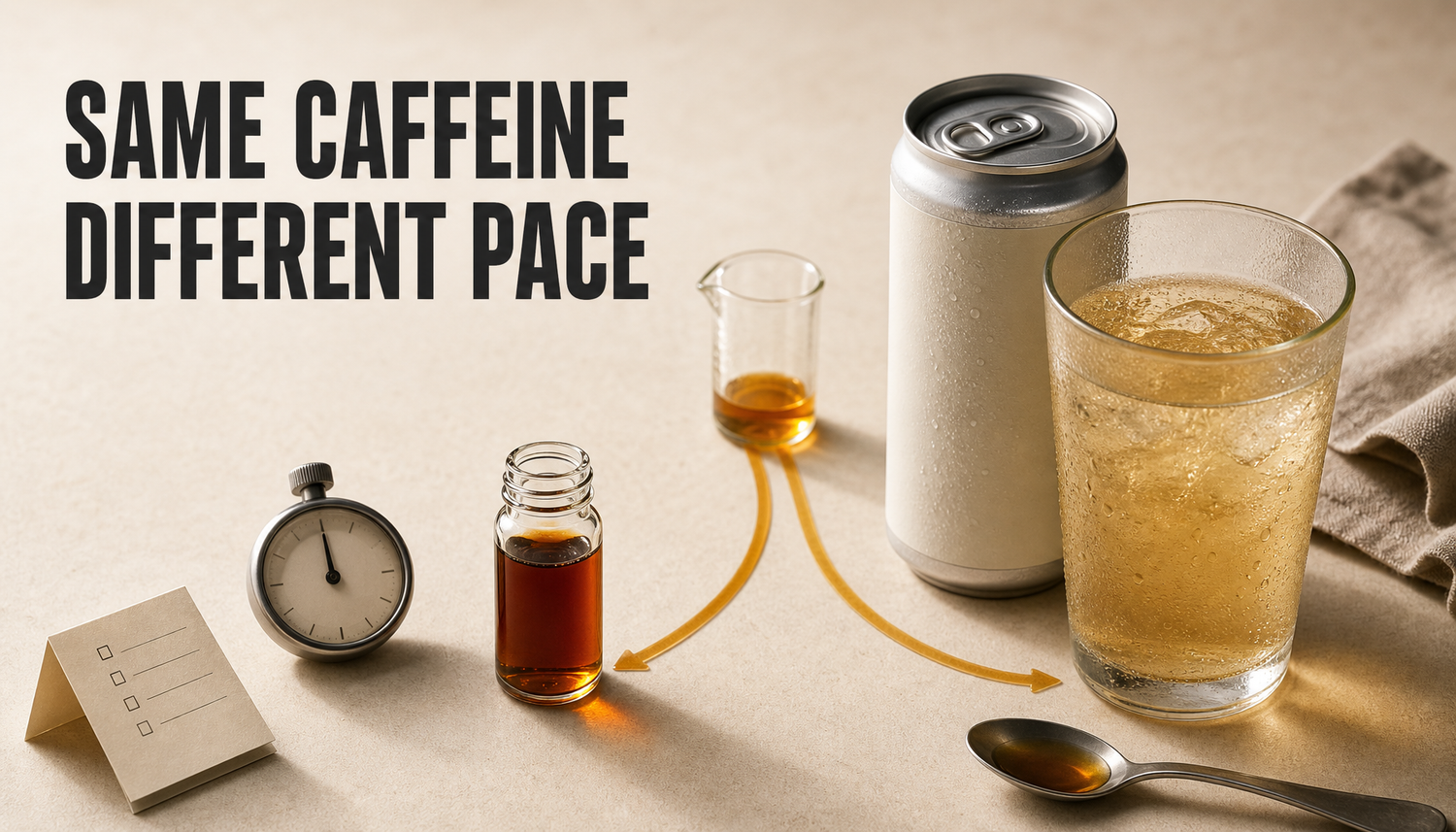 Editorial tabletop hero showing an unlabeled energy shot and a larger sipping drink connected by the same amber caffeine measure, with the headline Same Caffeine, Different Pace.