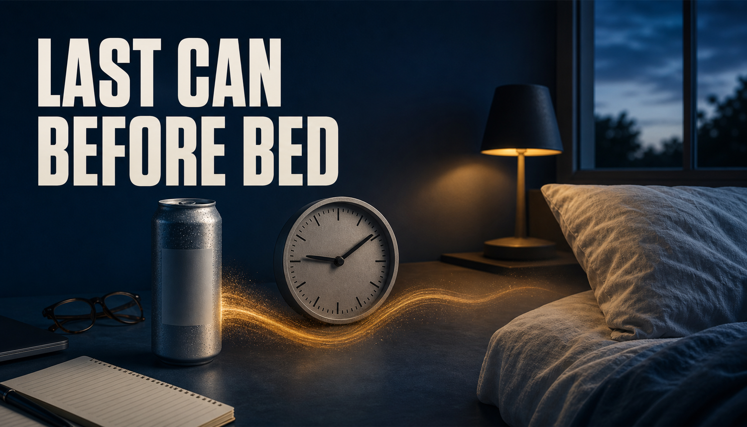 Editorial hero showing a generic energy drink can, an analog clock, and a fading caffeine trail leading toward a pillow to explain timing a last can before bed.