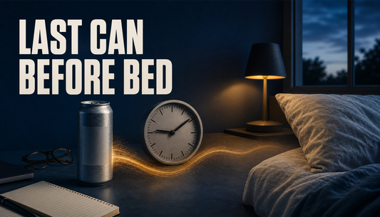 Editorial hero showing a generic energy drink can, an analog clock, and a fading caffeine trail leading toward a pillow to explain timing a last can before bed.