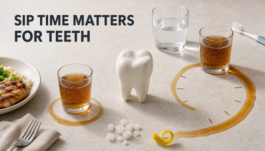 Editorial hero showing a tooth model between a short drink-with-meal mark and a long sipping trail, with an unlabeled drink, sugar crystals, lemon peel, and water glass.