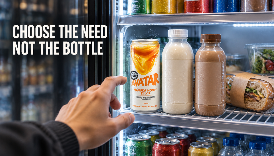 Shopper choosing between Avatar Elixir, generic protein drinks, and food in an open drinks fridge with the headline Choose the Need, Not the Bottle.
