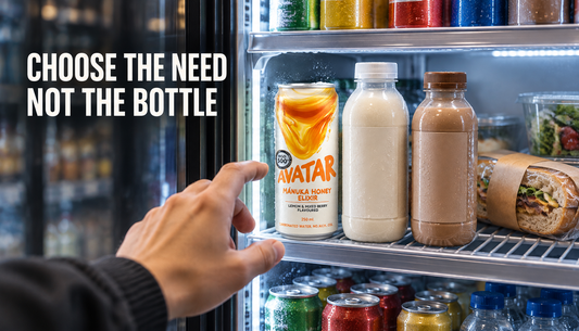 Shopper choosing between Avatar Elixir, generic protein drinks, and food in an open drinks fridge with the headline Choose the Need, Not the Bottle.