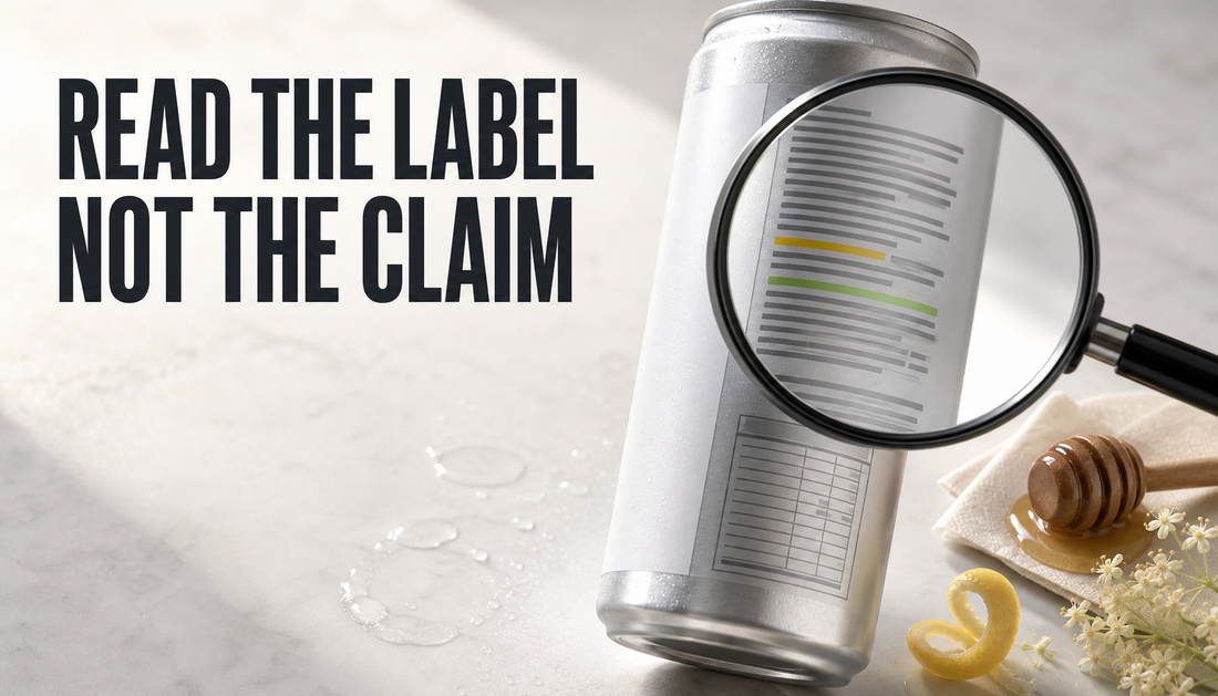 Editorial hero image of a generic energy drink can being checked with a magnifying glass over its back label, with the headline Read the Label Not the Claim.