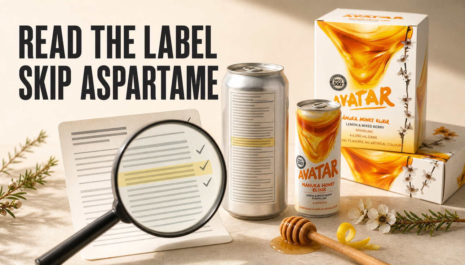 Editorial still life of Manuka Honey Drink packaging beside a turned-around generic energy drink can, magnifying glass, and enlarged blank ingredient-label panel with the headline...