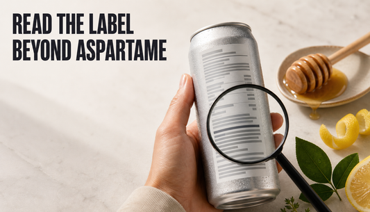 Shopper inspecting the back label of a generic energy drink can with a magnifying lens, honey, lemon, and botanicals nearby, under the headline Read the Label Beyond Aspartame.