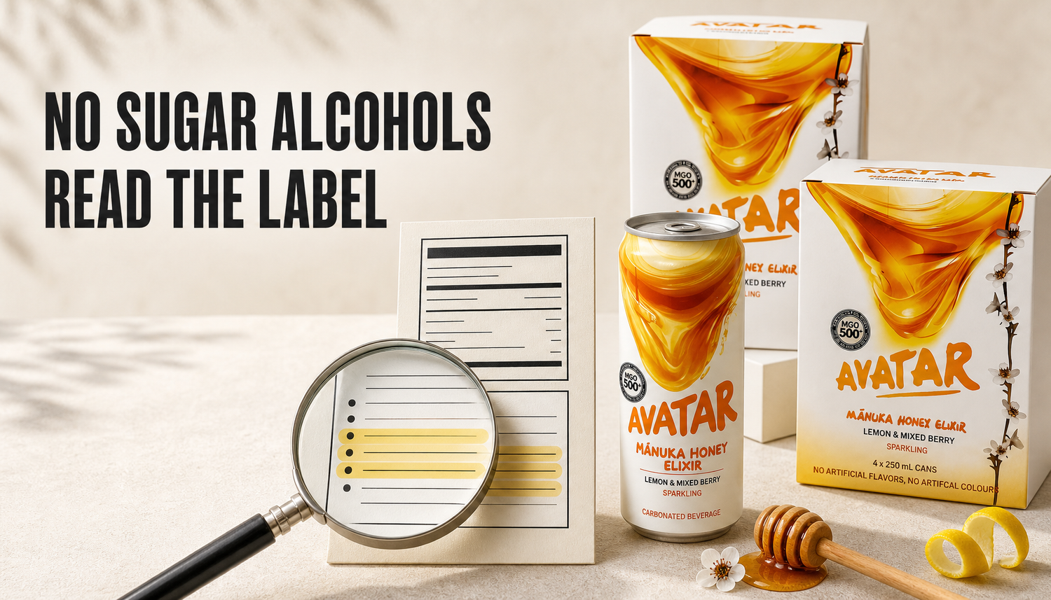 Shopify blog hero showing an Avatar Manuka honey drink pack beside a magnifying glass over a generic beverage label panel, with the headline No Sugar Alcohols, Read the Label.