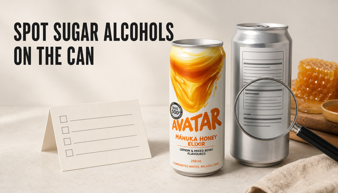 Editorial hero image showing an Avatar Elixir can beside a generic energy drink can turned to its back label, with a magnifying glass suggesting how to spot sugar alcohols on a ca...