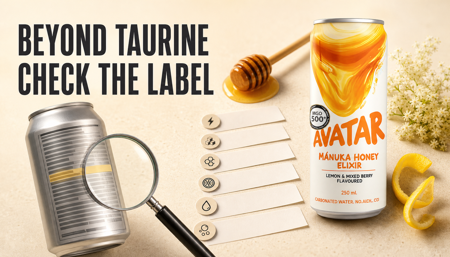 Editorial tabletop hero showing an Avatar Elixir can beside a generic energy drink label, a magnifying glass, honey, lemon, and elderflower cues, with the headline Beyond Taurine...