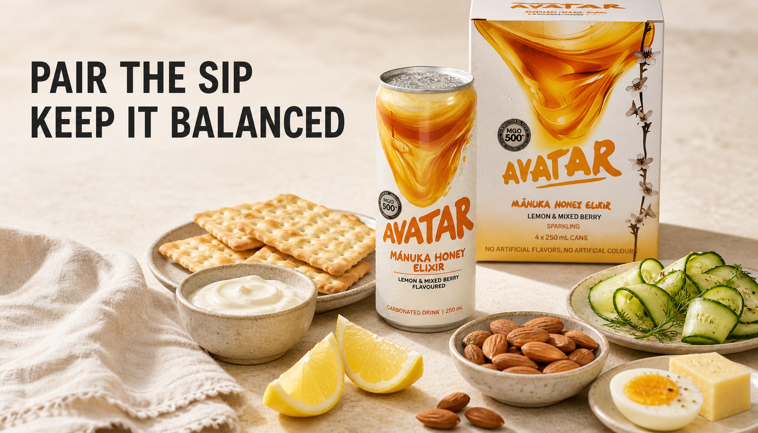 A Beekeeper’s Apprentice Manuka honey drink can with simple snack pairings like crackers, yogurt, lemon, nuts, cucumber, and cheese arranged around it under the headline Pair the...