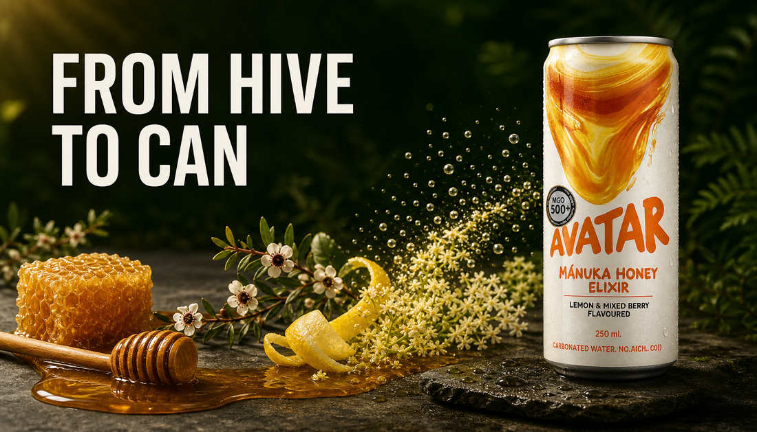 Avatar Elixir can beside Manuka honey, lemon, elderflower, and fine bubbles with the headline From Hive To Can.
