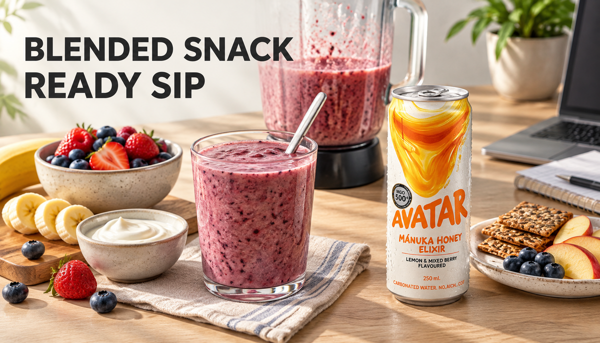 Editorial hero image comparing a thick fruit smoothie setup with a chilled Avatar Elixir can beside a snack, with the headline Blended Snack Ready Sip.