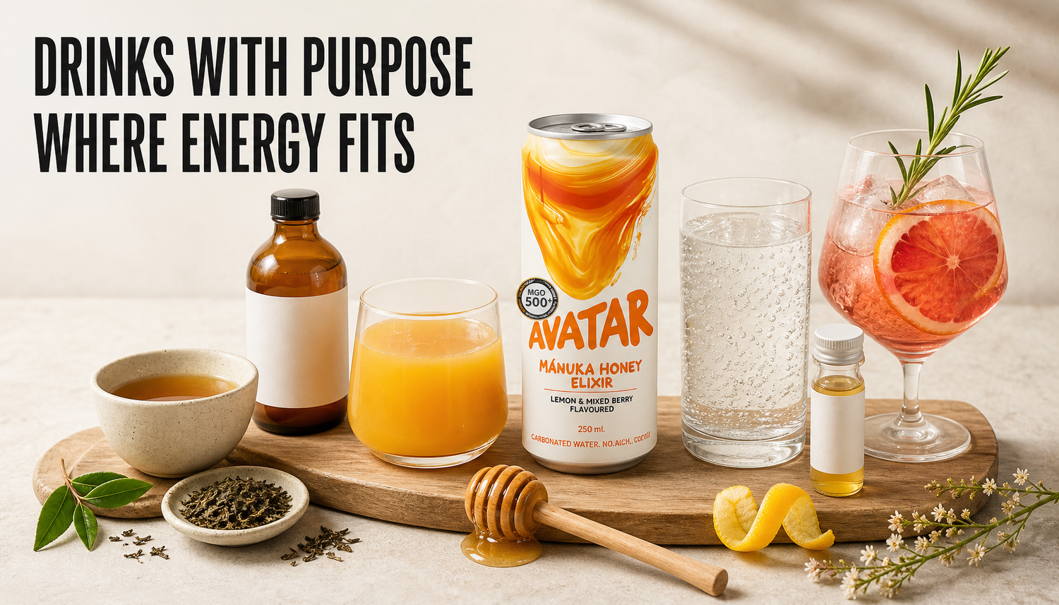 Editorial hero image of Avatar Elixir placed among generic functional beverage examples, showing where natural energy drinks fit in a broader drinks-with-purpose category.