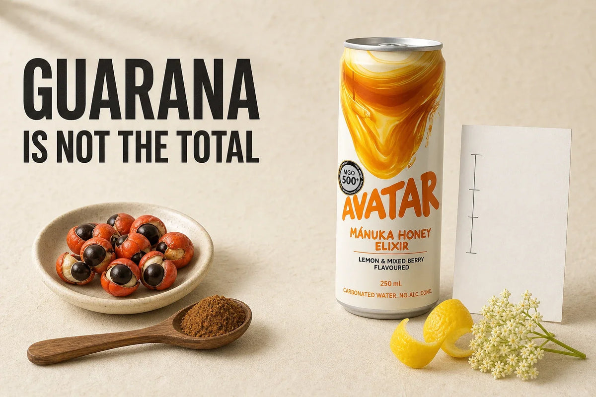 Editorial hero image showing guarana botanical ingredients separated from an Avatar Mānuka Honey Elixir can and a blank measurement card, with the headline “GUARANA IS NOT THE TOTAL.”