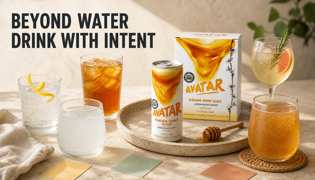 Editorial tabletop drinks map showing Avatar Elixir among sparkling water, iced tea, coconut water, kombucha, and a mocktail-style glass with the headline Beyond Water, Drink With...