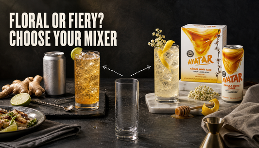 Editorial bar scene comparing a honey-and-elderflower Avatar Elixir highball with a generic ginger beer highball under the headline Floral or Fiery? Choose Your Mixer.