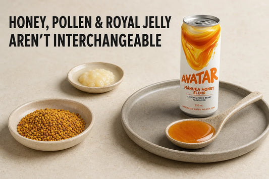 Honey beside an Avatar Elixir can on a ceramic tray, with bee pollen and royal jelly in separate dishes. Headline: Honey, pollen & royal jelly aren't interchangeable.