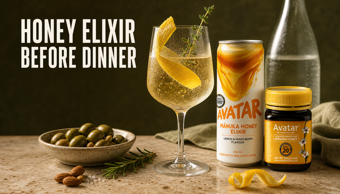 The Founders’ Reserve honey elixir served as a chilled sparkling aperitif in a stemmed glass with citrus, herbs, and savoury snacks before dinner.
