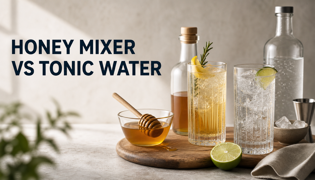 Editorial illustration for Honey Mixer vs Tonic Water: Which One Fits Your Drink?, highlighting Honey mixer vs tonic water at a glance, What tonic water contributes to a drink