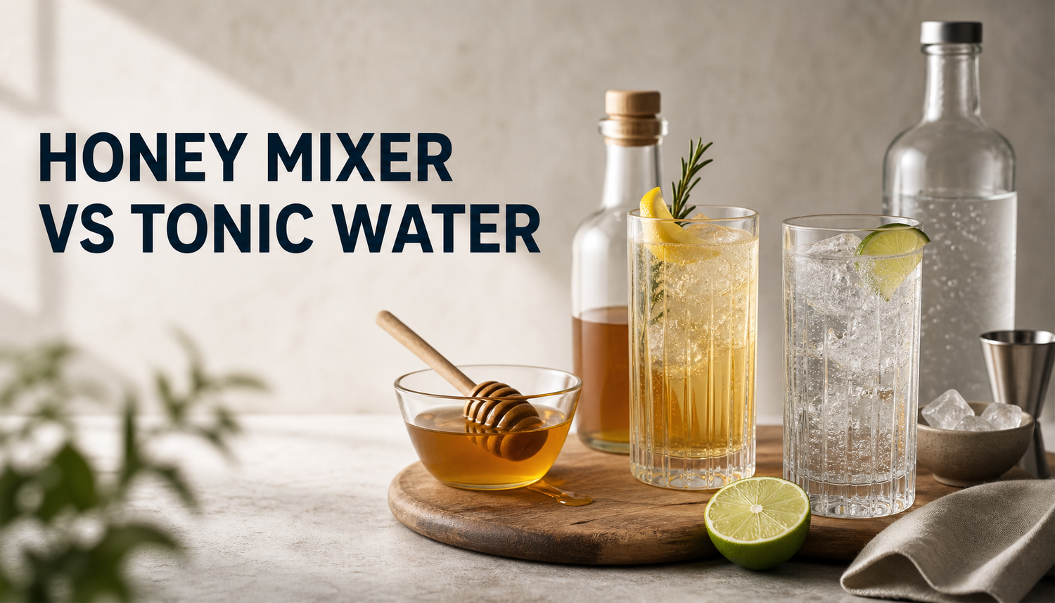 Editorial illustration for Honey Mixer vs Tonic Water: Which One Fits Your Drink?, highlighting Honey mixer vs tonic water at a glance, What tonic water contributes to a drink