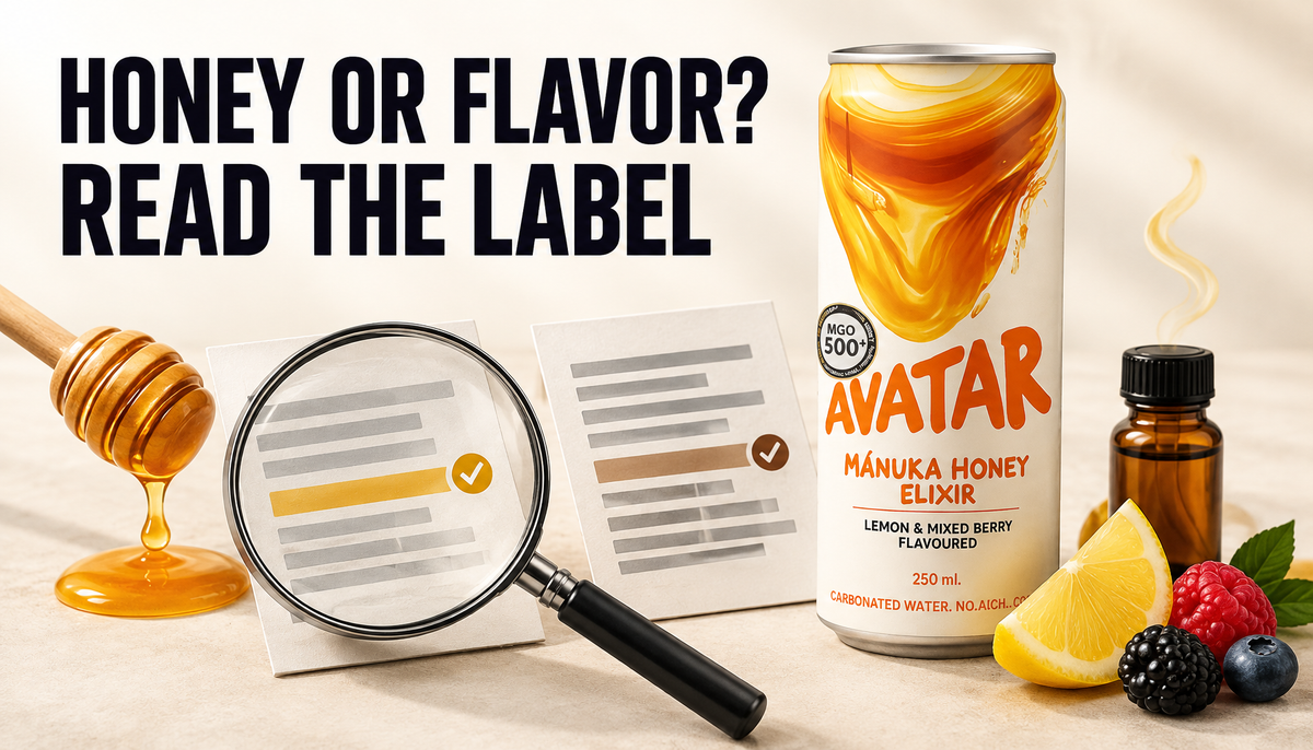 Hero image showing an Avatar Elixir can beside simplified ingredient-label cards, a magnifying glass, honey, and an amber flavor vial with the headline HONEY OR FLAVOR? READ THE L...
