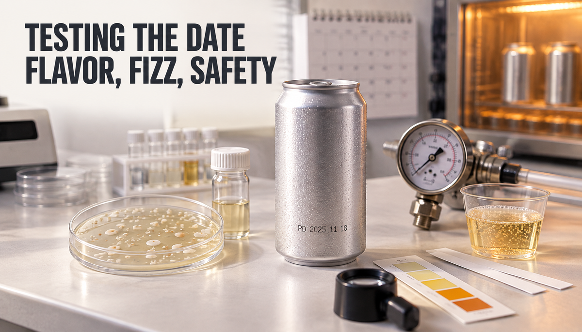 Editorial lab bench scene showing a generic canned drink surrounded by shelf-life testing props for safety, flavor, fizz, packaging, and stability, with the headline Testing the D...