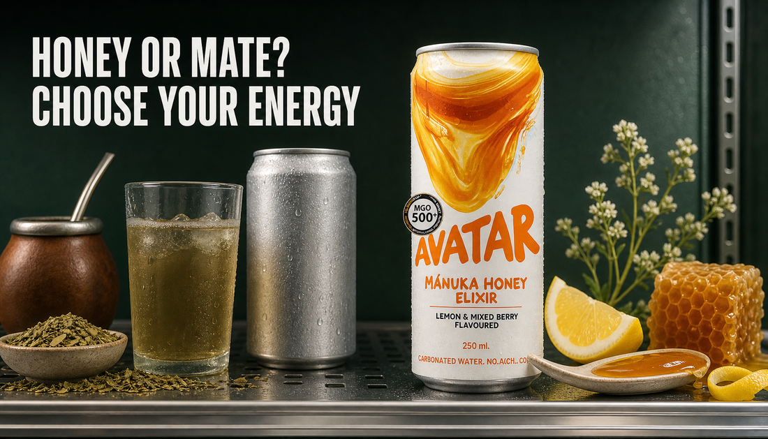 Shopify blog hero comparing an Avatar Elixir Manuka honey drink with a generic yerba mate drink setup on a chilled wellness beverage shelf.