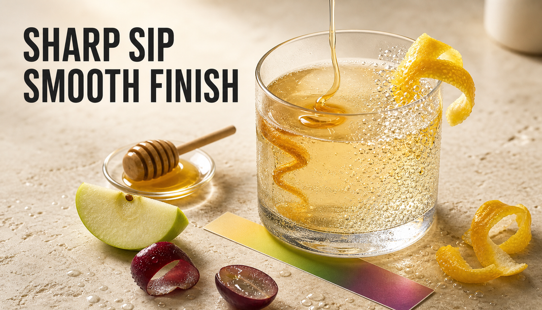Editorial hero image of a sparkling golden drink with citrus bubbles and a honey ribbon, illustrating how acidity can make an energy drink feel sharp or smooth.