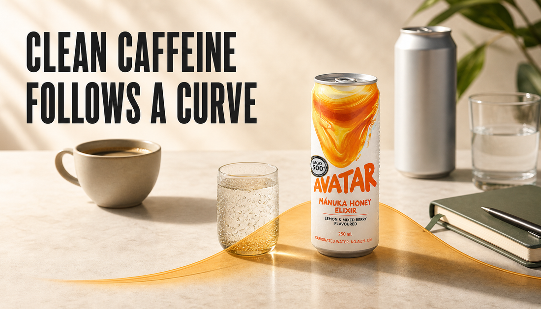 Avatar Elixir clean caffeine drink beside coffee, a larger blank energy can, water, and study items, with a smooth amber curve showing caffeine onset, peak, and taper.