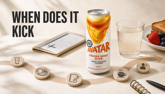 Avatar Elixir can on a pale tabletop beside a soft timeline and small lifestyle markers for food, sipping pace, work, travel, and prior caffeine, with the headline WHEN DOES IT KI...