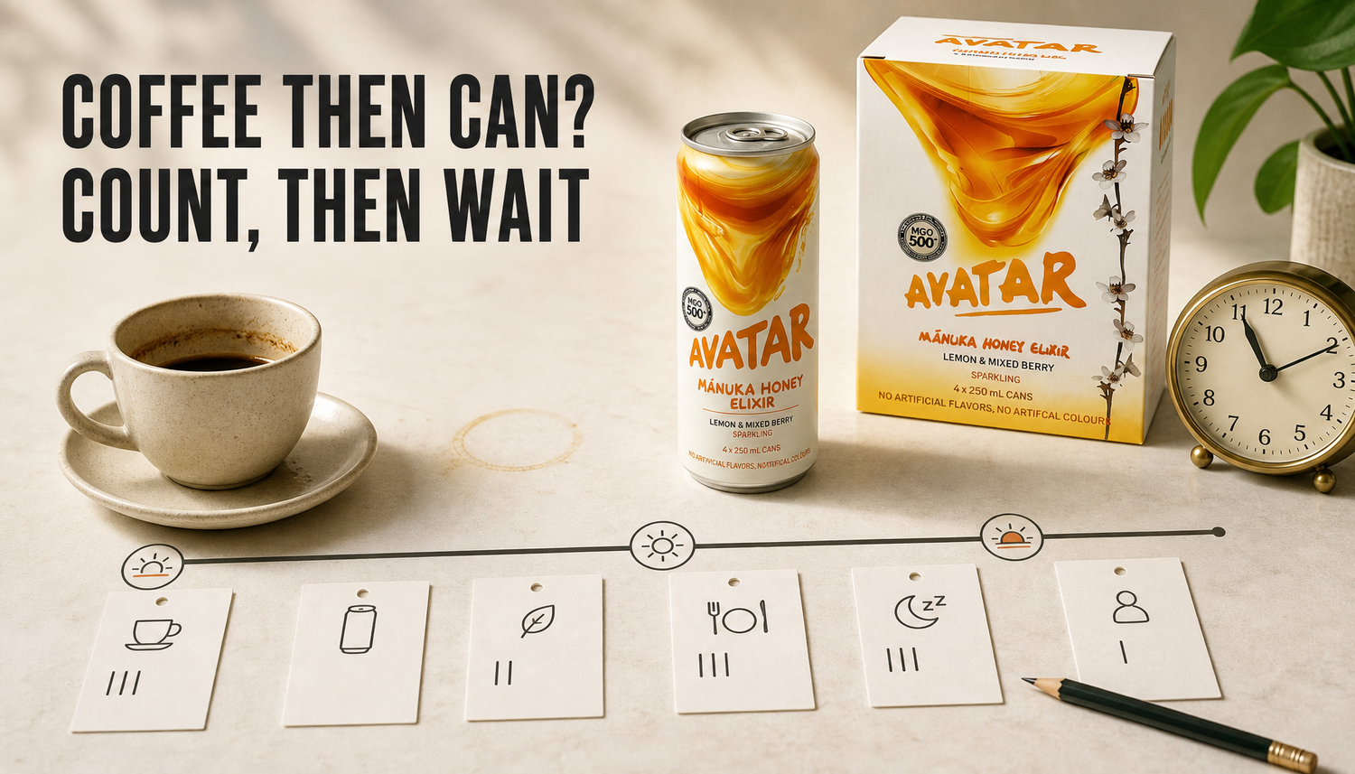 Coffee cup, unopened Avatar Elixir product, clock, and simple caffeine timing cards on a clean tabletop with the headline Coffee Then Can? Count, Then Wait.
