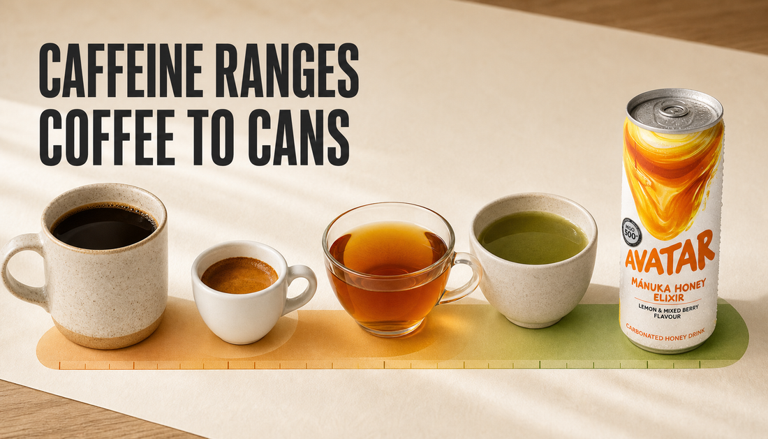 Coffee, espresso, tea, matcha, and a natural energy drink can arranged on a warm tabletop to compare caffeine ranges from coffee to cans.