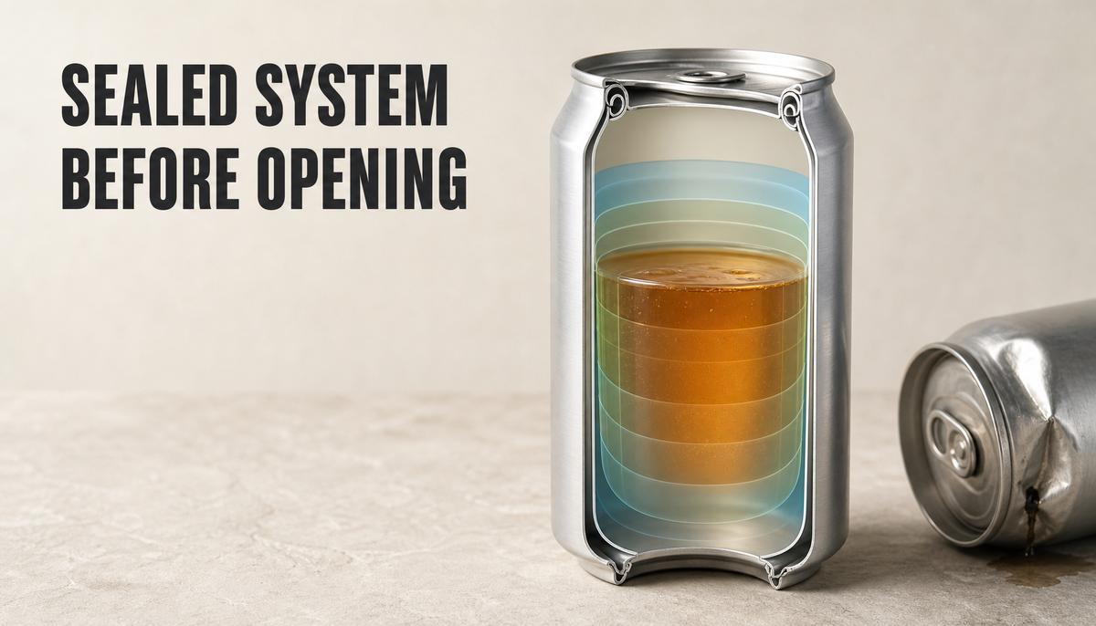 Editorial cutaway of an unlabeled sealed canned drink showing protective layers, intact seams, and a small damaged can at the edge, with the headline Sealed System Before Opening.