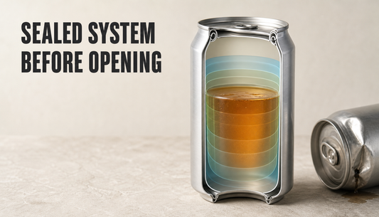 Editorial cutaway of an unlabeled sealed canned drink showing protective layers, intact seams, and a small damaged can at the edge, with the headline Sealed System Before Opening.