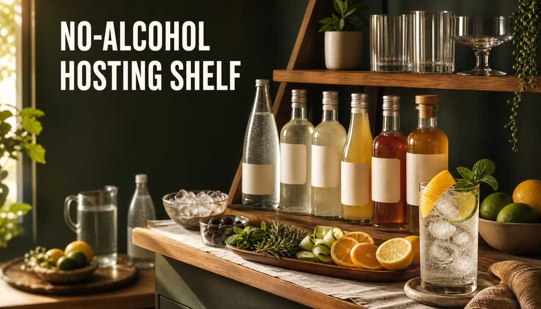 Editorial hero image of a no-alcohol hosting shelf with sparkling mixers, honey-toned drinks, citrus, herbs, ice, glassware, and a finished sparkling serve, with the headline NO-A...