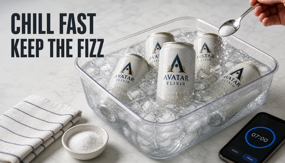 Avatar Elixir cans chilling in a clear ice-water bath with salt, a timer, and a towel, illustrating a fast safe way to chill canned drinks while keeping fizz.