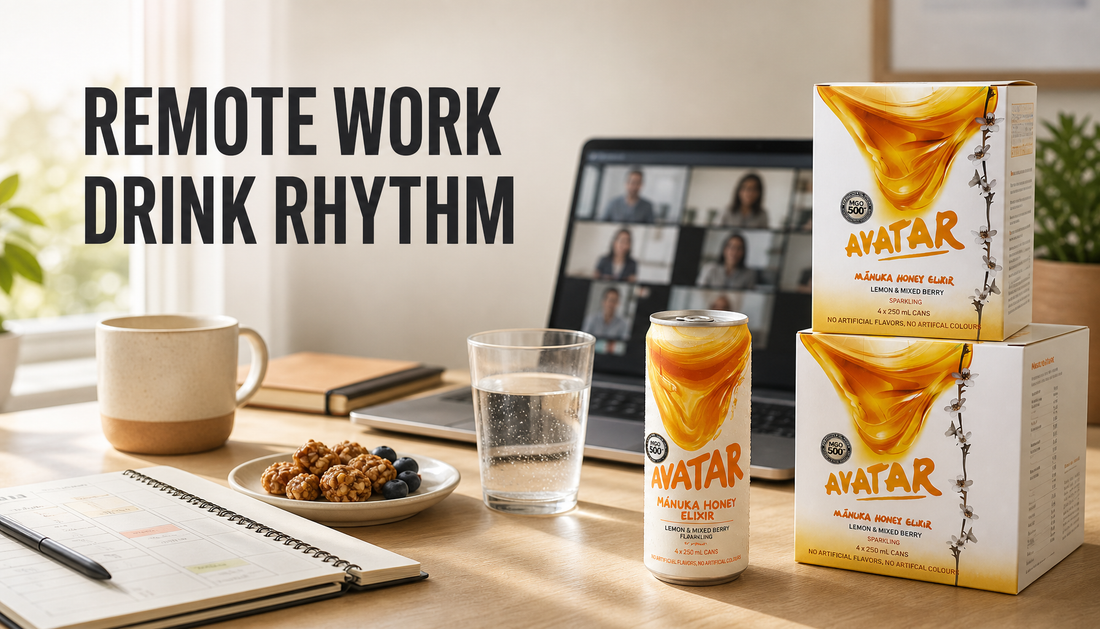 A natural energy drink on a tidy home-office desk with laptop, coffee, water, snack, and the headline Remote Work Drink Rhythm.