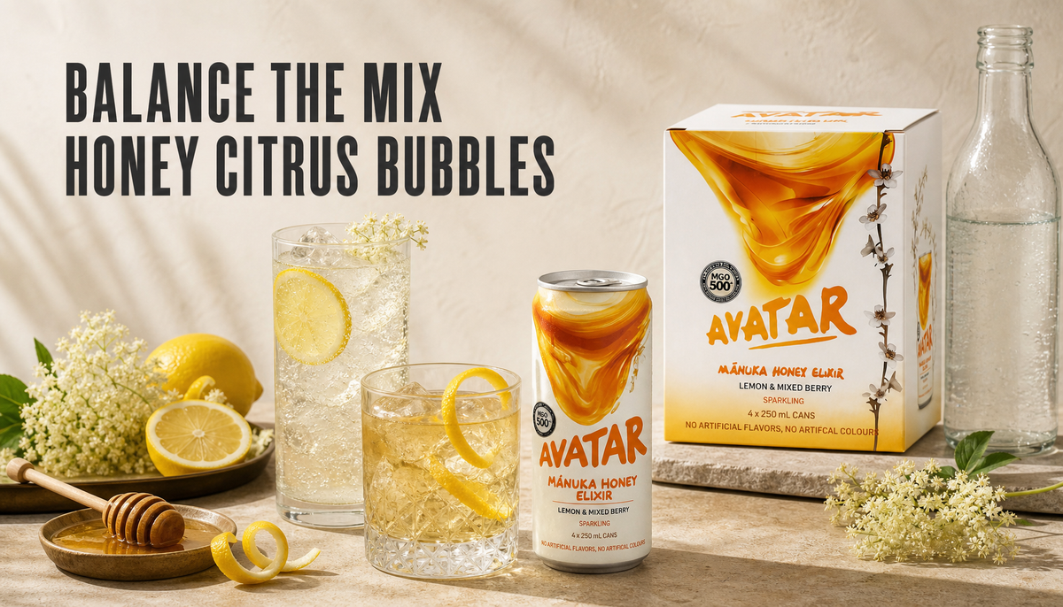 The Beekeeper’s Choice 12Pk natural mixer on a warm bar surface with honey, lemon, elderflower, sparkling glasses, and headline text about balancing the mix.