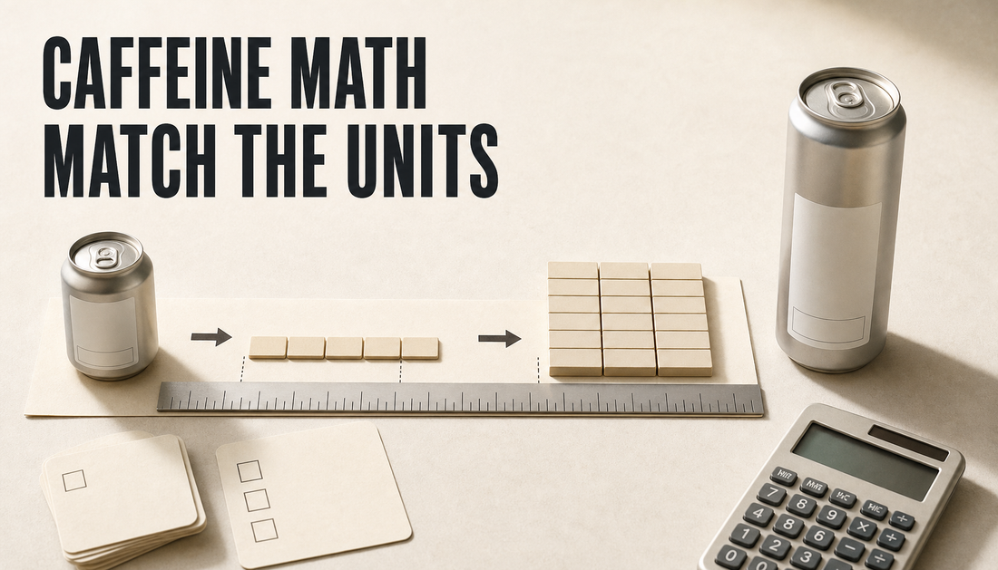 Editorial hero image showing two generic cans being compared on a shared measurement strip with the headline CAFFEINE MATH, MATCH THE UNITS.