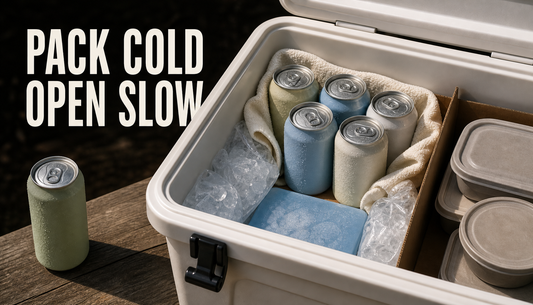 Open picnic cooler packed with upright Avatar Elixir cans, cold packs, ice, and towel dividers, with one can standing aside to settle before opening.