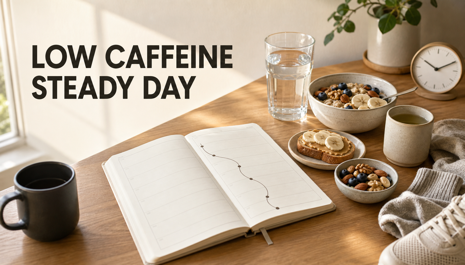 Editorial kitchen table scene with a low-caffeine day planner, water, breakfast, calm drink, snack, and morning light under the headline LOW CAFFEINE STEADY DAY.
